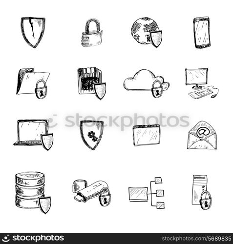 Computer data protection and secure internet information sketch icons set isolated vector illustration