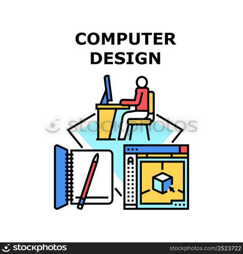 Computer Design Vector Icon Concept. Computer Design Designer Developing In Digital Software, Planning And Drawing In Notebook. Artwork And Creative Idea Development Color Illustration. Computer Design Vector Concept Color Illustration