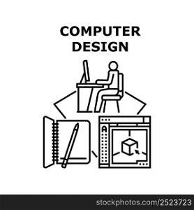 Computer Design Vector Icon Concept. Computer Design Designer Developing In Digital Software, Planning And Drawing In Notebook. Artwork And Creative Idea Development Black Illustration. Computer Design Vector Concept Black Illustration