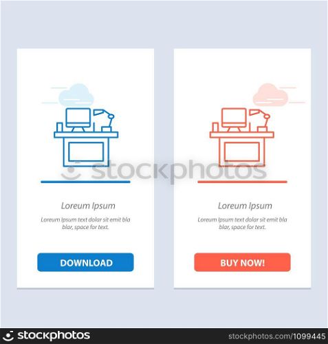 Computer, Desk, Desktop, Monitor, Office, Place, Table Blue and Red Download and Buy Now web Widget Card Template