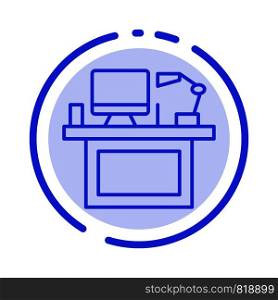 Computer, Desk, Desktop, Monitor, Office, Place, Table Blue Dotted Line Line Icon