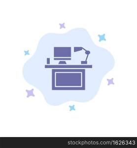 Computer, Desk, Desktop, Monitor, Office, Place, Table Blue Icon on Abstract Cloud Background