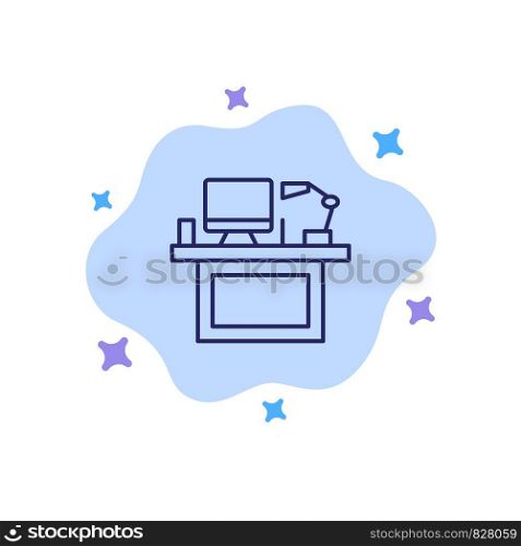Computer, Desk, Desktop, Monitor, Office, Place, Table Blue Icon on Abstract Cloud Background