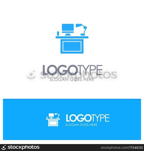 Computer, Desk, Desktop, Monitor, Office, Place, Table Blue Solid Logo with place for tagline