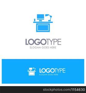 Computer, Desk, Desktop, Monitor, Office, Place, Table Blue Solid Logo with place for tagline