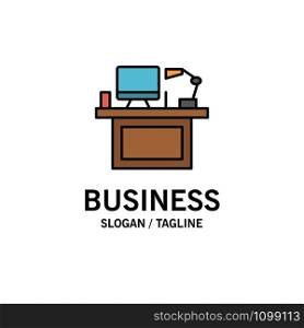 Computer, Desk, Desktop, Monitor, Office, Place, Table Business Logo Template. Flat Color
