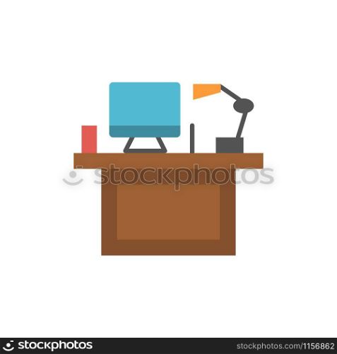 Computer, Desk, Desktop, Monitor, Office, Place, Table Flat Color Icon. Vector icon banner Template