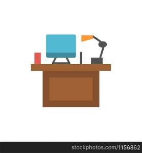 Computer, Desk, Desktop, Monitor, Office, Place, Table Flat Color Icon. Vector icon banner Template