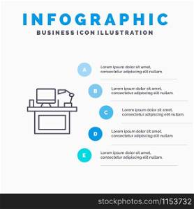 Computer, Desk, Desktop, Monitor, Office, Place, Table Line icon with 5 steps presentation infographics Background