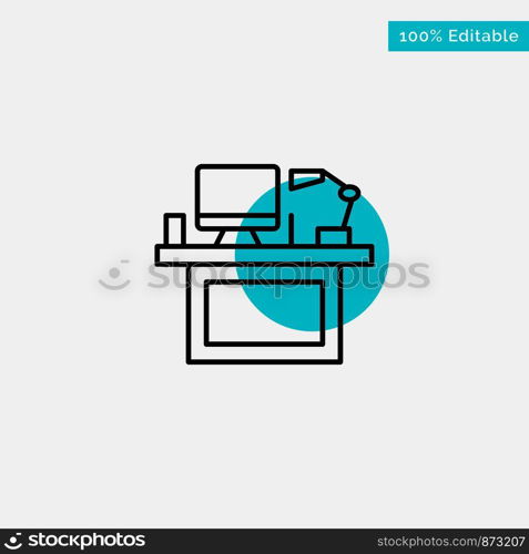 Computer, Desk, Desktop, Monitor, Office, Place, Table turquoise highlight circle point Vector icon