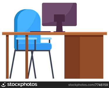 Computer desk, empty workplace cartoon, business concept, vector. omputer monitor on the table, office comfortable blue chair. Office room conceptual banner flat style on white background. Computer desk, empty workplace cartoon, business concept with office comfortable blue chair