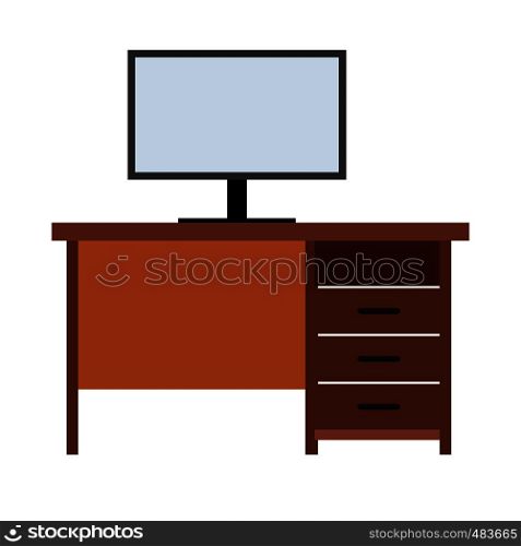 Computer desk flat icon isolated on white background. Computer desk flat icon