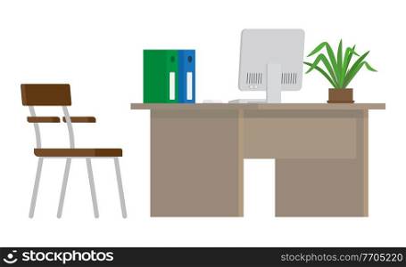 Computer desk, workplace cartoon, business concept, vector. omputer monitor and folders with documents on the table, potted green plant, office chair. Office room conceptual banner flat style. Computer desk, workplace cartoon business concept vector. Office room conceptual banner flat style