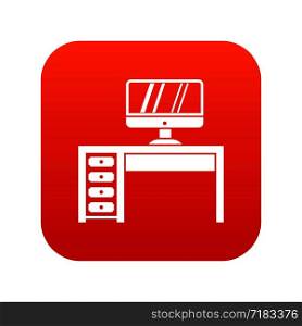 Computer desk, workplace in simple style isolated on white background vector illustration. Computer desk, workplace icon digital red