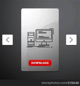 Computer, desktop, gaming, pc, personal Line Icon in Carousal Pagination Slider Design & Red Download Button. Vector EPS10 Abstract Template background