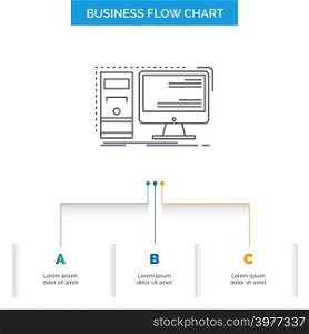 Computer, desktop, hardware, workstation, System Business Flow Chart Design with 3 Steps. Line Icon For Presentation Background Template Place for text