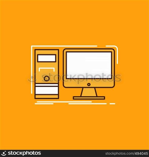 Computer, desktop, hardware, workstation, System Flat Line Filled Icon. Beautiful Logo button over yellow background for UI and UX, website or mobile application. Vector EPS10 Abstract Template background