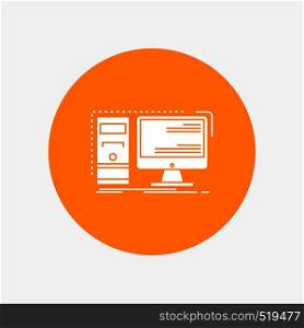 Computer, desktop, hardware, workstation, System White Glyph Icon in Circle. Vector Button illustration. Vector EPS10 Abstract Template background