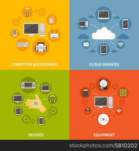 Computer Devices And Service Icon Set. Computer devices accessories and equipment and cloud service scheme flat icon set isolated vector illustration
