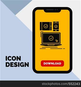 computer, devices, mobile, responsive, technology Glyph Icon in Mobile for Download Page. Yellow Background. Vector EPS10 Abstract Template background