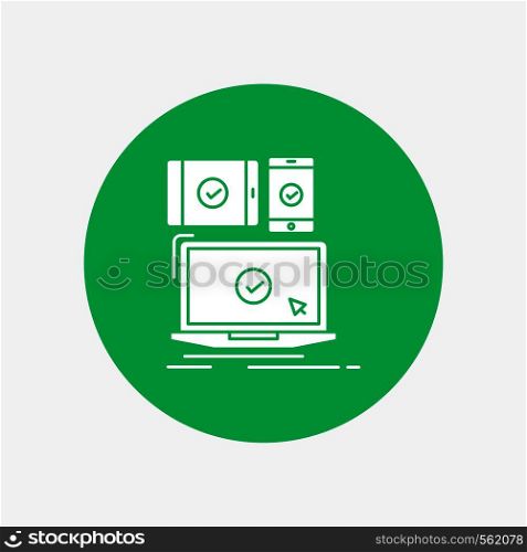 computer, devices, mobile, responsive, technology White Glyph Icon in Circle. Vector Button illustration. Vector EPS10 Abstract Template background