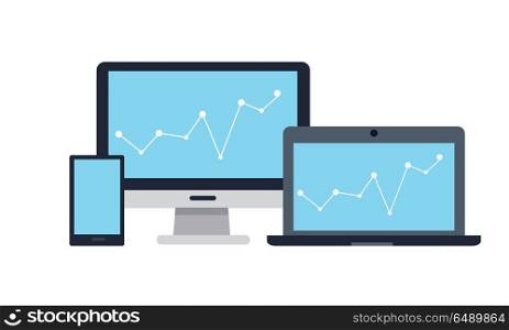 Computer Devices with Diagram on Screen. Set of computer monitor, laptop and tablet computer with colour diagram on screen. Concept of online business, commerce statistics, business analysis, information. Isolated object on white background