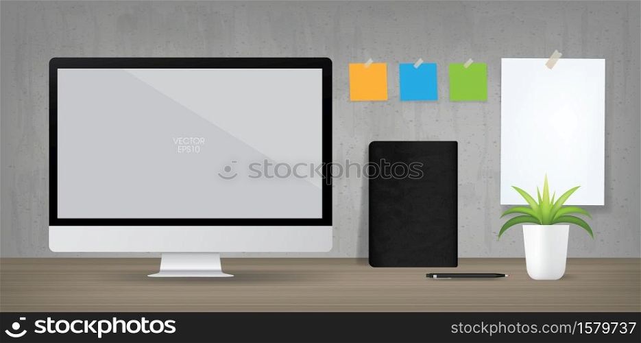 Computer display background in working area. Business background for interior design and decoration. Vector illustration.