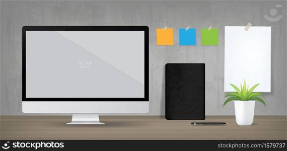 Computer display background in working area. Business background for interior design and decoration. Vector illustration.