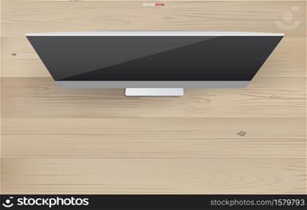 Computer display background of working space with office object on wood. Vector illustration.