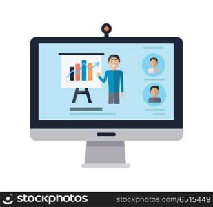 Computer Display with Man and Presentation Screen.. Computer display with manager standing near presentation screen. Profile userpics in left corner. Editable items in flat style. Part of series of accessories for work in office. Vector illustration