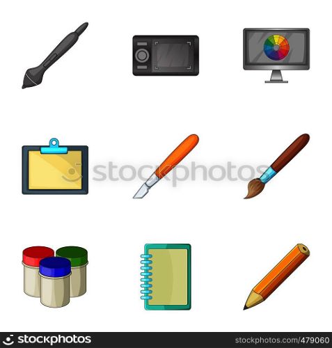 Computer drawing tools icons set. Cartoon set of 9 computer drawing tools vector icons for web isolated on white background. Computer drawing tools icons set, cartoon style