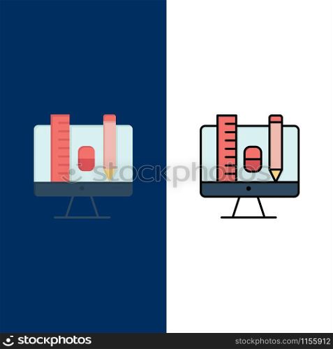 Computer, Education, Scale, Pencil Icons. Flat and Line Filled Icon Set Vector Blue Background
