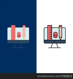 Computer, Education, Scale, Pencil Icons. Flat and Line Filled Icon Set Vector Blue Background