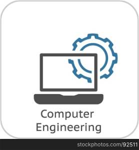 Computer Engineering Icon. Gear and Laptop. Development Symbol.. Computer Engineering Icon. Gear and Laptop. Development Symbol. Flat Line Pictogram. Isolated on white background.