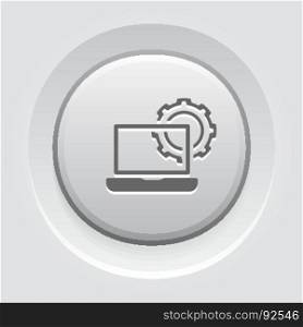 Computer Engineering Icon. Gear and Laptop. Development Symbol.. Computer Engineering Icon. Gear and Laptop. Development Symbol. Flat Line Pictogram. Isolated on white background. Grey Button Design.