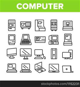 Computer Equipment Collection Icons Set Vector Thin Line. Vintage Computer, Modern Laptop And Monitor Screen Electronic Device Concept Linear Pictograms. Monochrome Contour Illustrations. Computer Equipment Collection Icons Set Vector