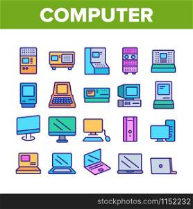 Computer Equipment Collection Icons Set Vector Thin Line. Vintage Computer, Modern Laptop And Monitor Screen Electronic Device Concept Linear Pictograms. Color Contour Illustrations. Computer Equipment Collection Icons Set Vector