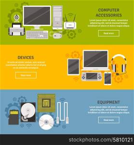 Computer Equipment Flat Banner Set. PC and computer equipment with devices and accessories flat color horizontal banner set isolated vector illustration