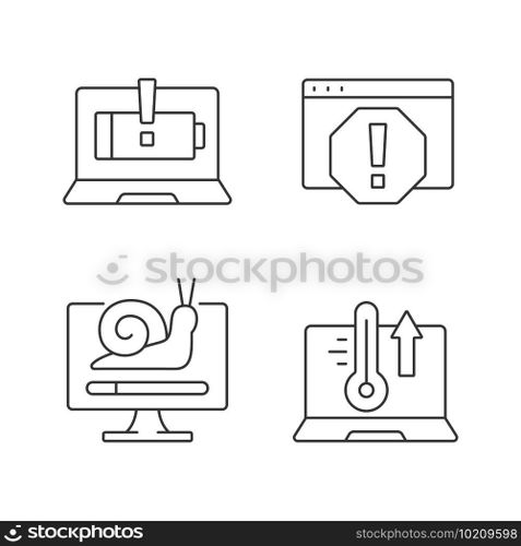 Computer errors linear icons set. Battery not charging. System error window. Slow processing. Customizable thin line contour symbols. Isolated vector outline illustrations. Editable stroke. Computer errors linear icons set