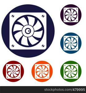 Computer fan icons set in flat circle red, blue and green color for web. Computer fan icons set