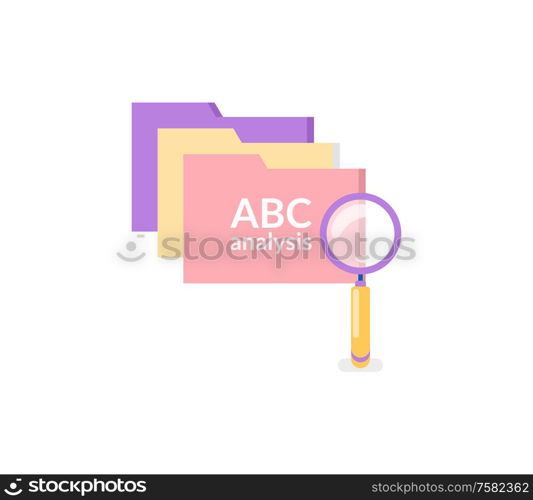 Computer files and search sign isolated icons. Vector folders investigation concept, magnifying glass and folders, color information storage symbols. Computer Files and Search Sign Isolated Icons