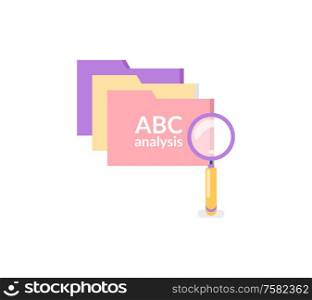 Computer files and search sign isolated icons. Vector folders investigation concept, magnifying glass and folders, color information storage symbols. Computer Files and Search Sign Isolated Icons