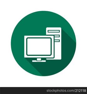 Computer flat design long shadow icon. PC screen and system unit. Vector silhouette symbol. Computer flat design long shadow icon