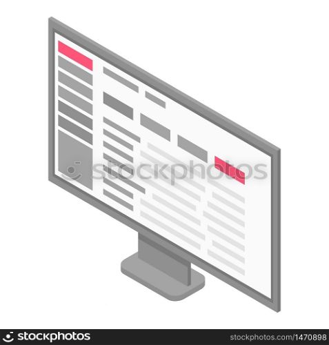 Computer flat monitor icon. Isometric of computer flat monitor vector icon for web design isolated on white background. Computer flat monitor icon, isometric style