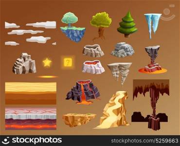 Computer Games Cartoon Elements 3d Set. Computer games 3d bright glowing elements collection with golden lava volcano eruption caramel brown background vector illustration