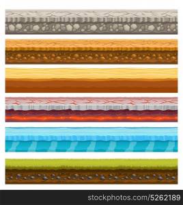 Computer Games Seamless Layers Background Set. Electronic computer video game screen display seamless horizontal narrow layers set with soil grass sea background vector illustration
