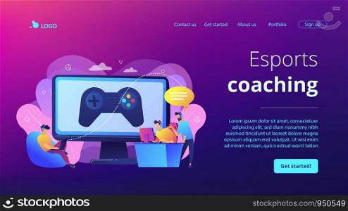 Computer gaming industry, cybersport training. Esports coaching, lessons with pro gamers, esports coaching platform, play like a pro concept. Website homepage landing web page template.. Esports coaching concept landing page