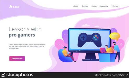 Computer gaming industry, cybersport training. Esports coaching, lessons with pro gamers, esports coaching platform, play like a pro concept. Website homepage landing web page template.. Esports coaching concept landing page