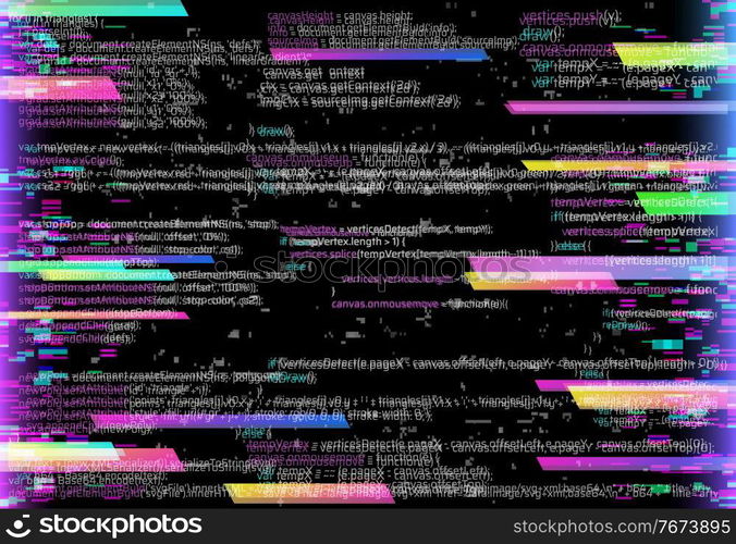 Computer glitch, program bug or error background with code lines and screen pixels noise. Software development problem, system critical mistake or hardware fail vector backdrop. Virtual attack concept. Computer glitch, program bug or error background