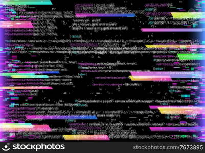 Computer glitch, program bug or error background with code lines and screen pixels noise. Software development problem, system critical mistake or hardware fail vector backdrop. Virtual attack concept. Computer glitch, program bug or error background